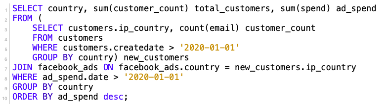 SELECT country, sum(customer_count) total_customers, sum(spend) ad_spend
FROM (
SELECT customers.ip_country, count(email) customer_count
FROM customers
WHERE customers.createdate > '2020-01-01'
GROUP BY country) new_customers
JOIN facebook_ads ON facebook_ads.country = new_customers.ip_country
WHERE ad_spend.date > '2020-01-01'
GROUP BY country
ORDER BY ad_spend desc;