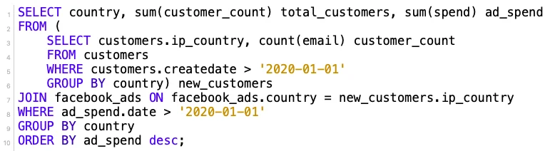 SELECT country, sum(customer_count) total_customers, sum(spend) ad_spend
FROM (
SELECT customers.ip_country, count(email) customer_count
FROM customers
WHERE customers.createdate > '2020-01-01'
GROUP BY country) new_customers
JOIN facebook_ads ON facebook_ads.country = new_customers.ip_country
WHERE ad_spend.date > '2020-01-01'
GROUP BY country
ORDER BY ad_spend desc;
